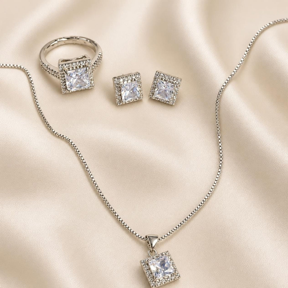 Celeste Set – Silver Plated Princess Cut Necklace, Earrings and Ring